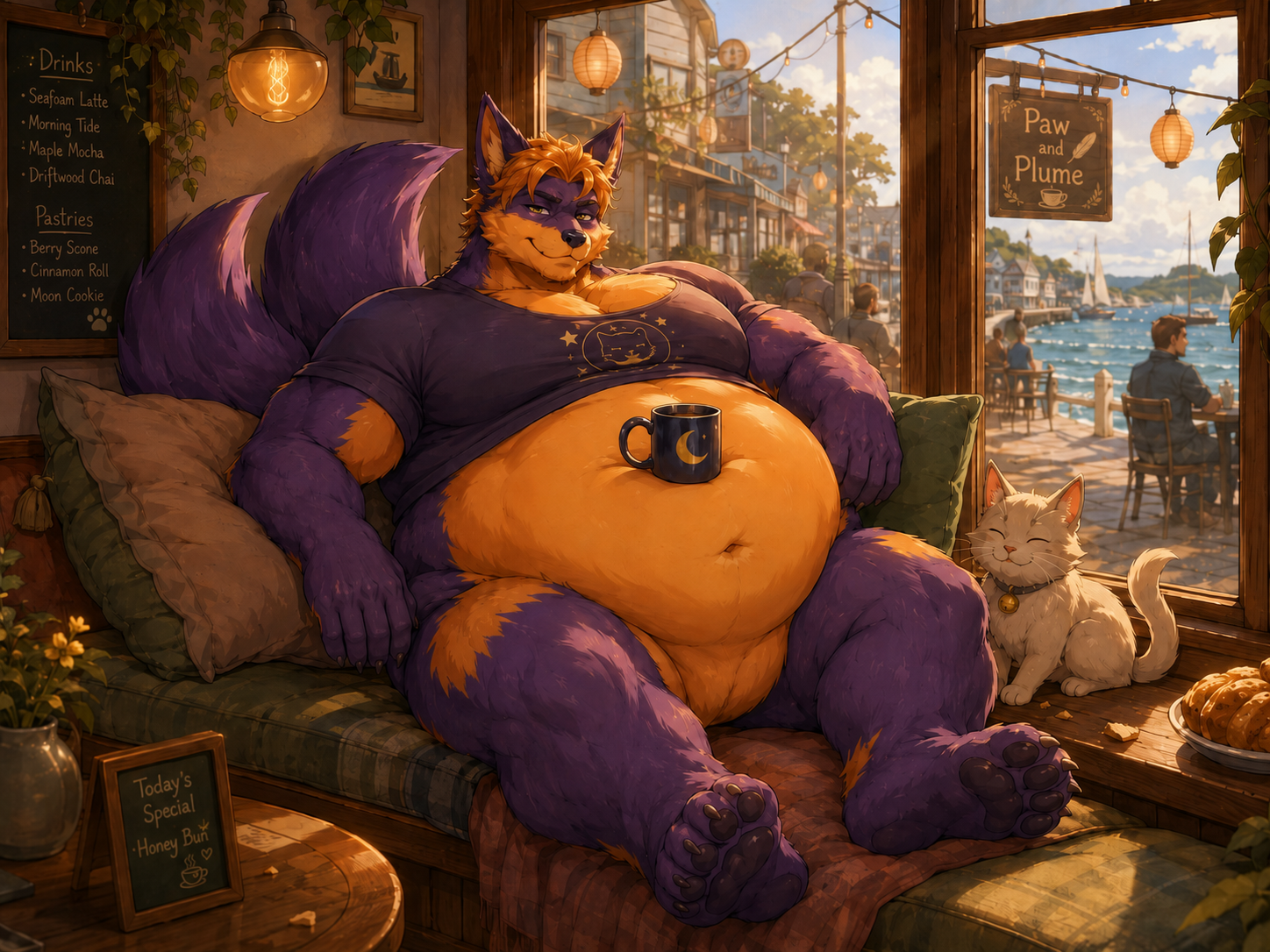 Max Reynard, a plush plum-furred kitsune, lounging content in a sunlit seaside café window.