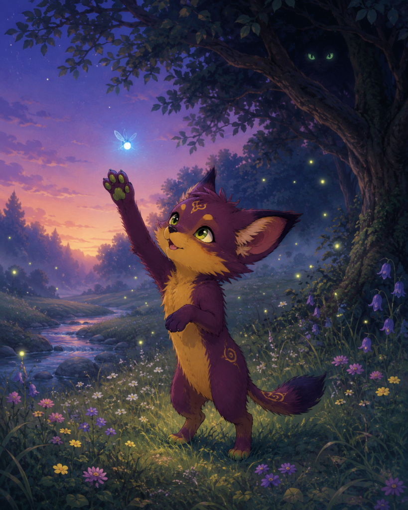 Max as a fox cub reaching for a glowing blue firefly in a twilight meadow.