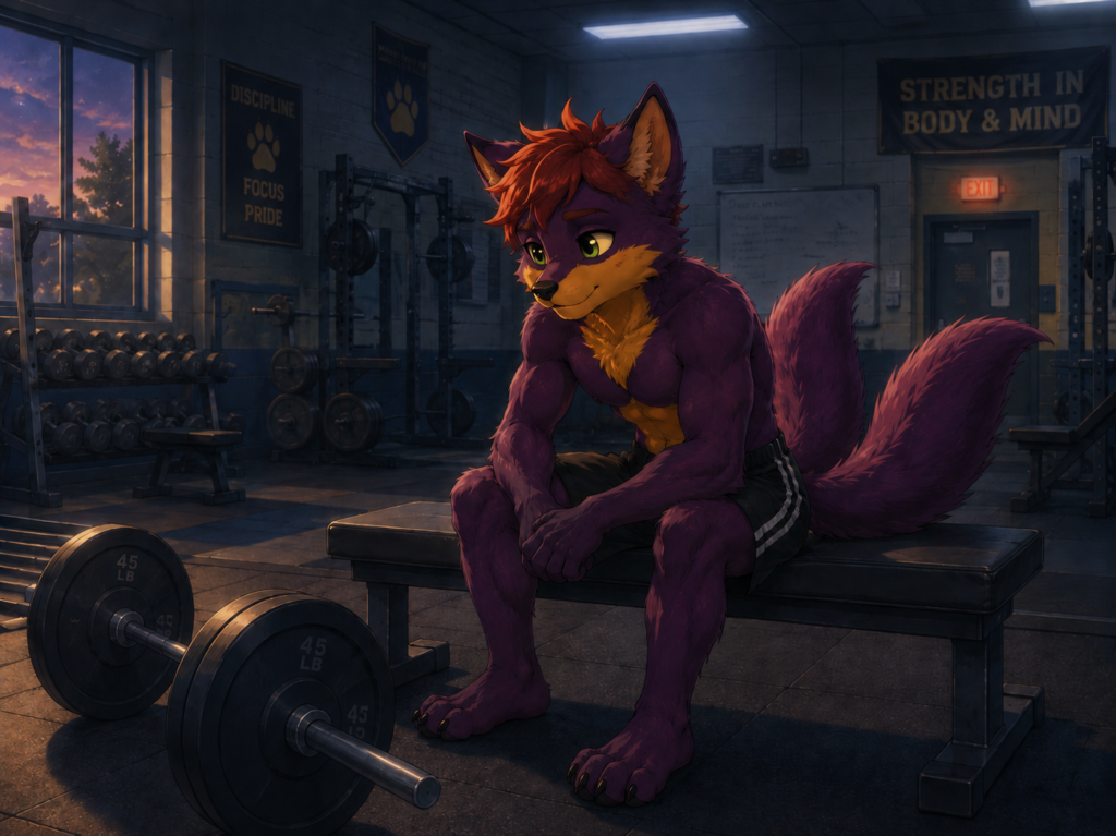 A young, muscular Max Reynard sitting thoughtfully in an empty weight room.