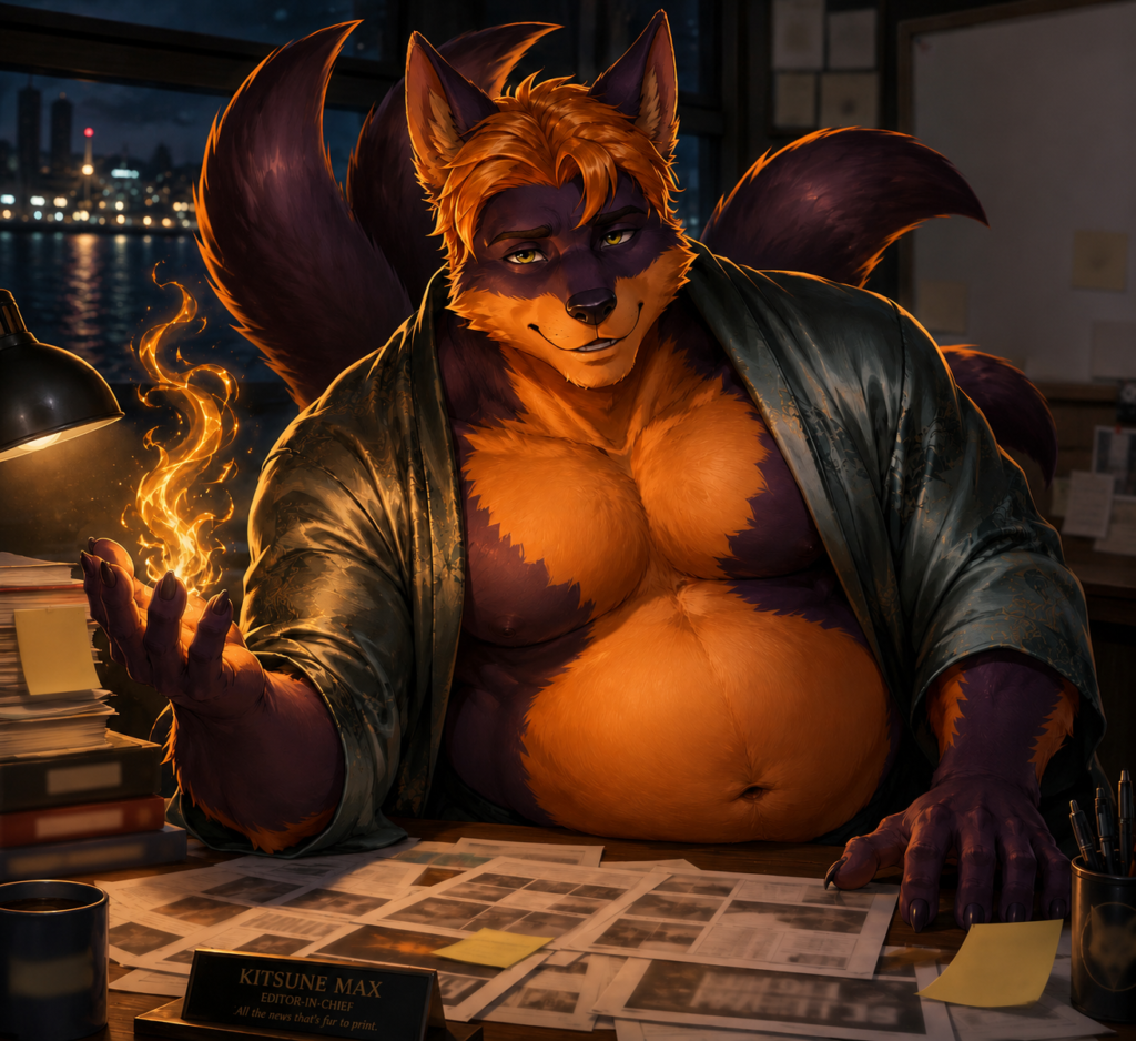 Kitsune Max at his newsroom desk by night