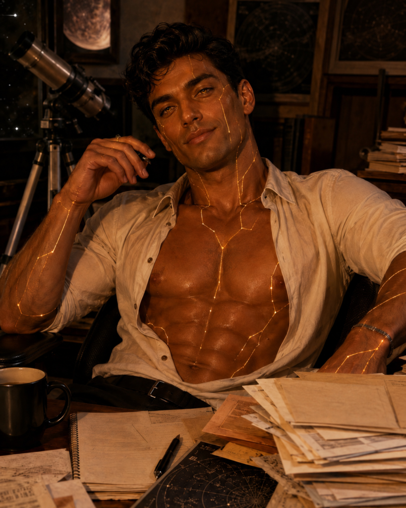 Eros-11 reclining at his letters desk beside a telescope, golden lines tracing his torso