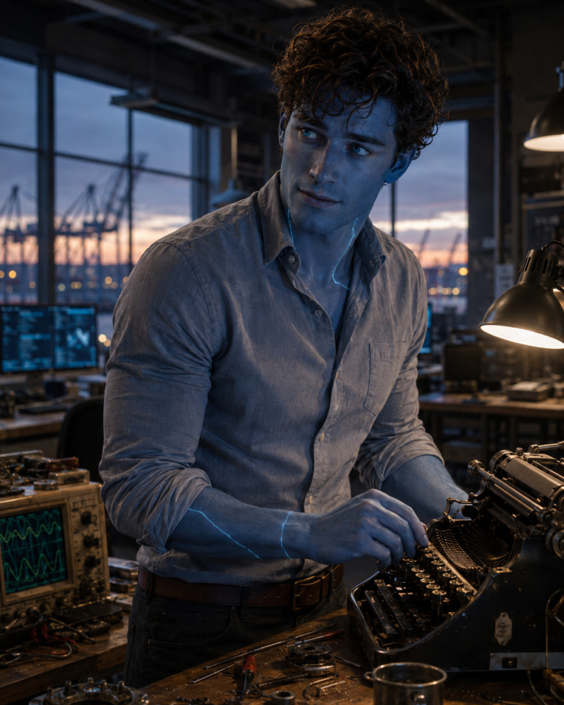Caspian at his harbor workbench, blue circuitry glowing as he works a vintage typewriter