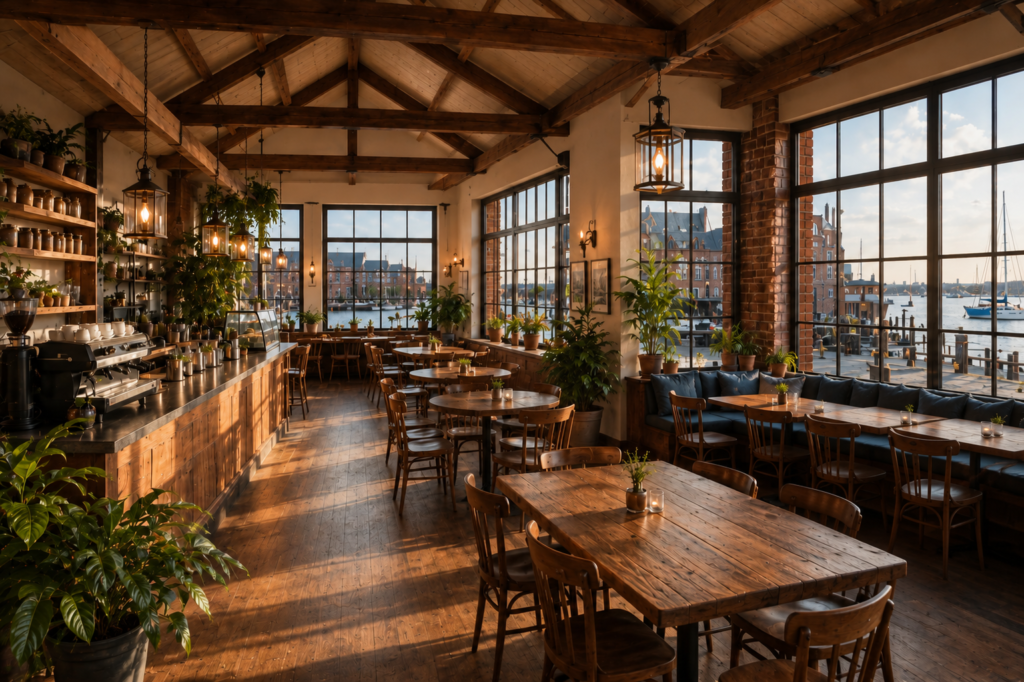 The warm interior of Paw and Plume cafe, wooden tables and a coffee bar under beams with a harbor view