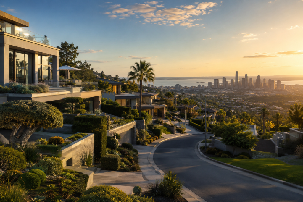 Complacent Heights, terraced modern luxury homes on a hillside above the city skyline at golden hour