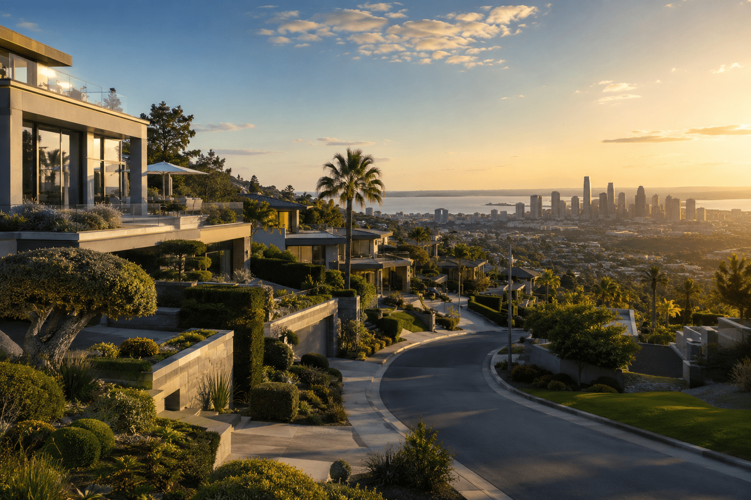 Complacent Heights, terraced modern luxury homes on a hillside above the city skyline at golden hour.