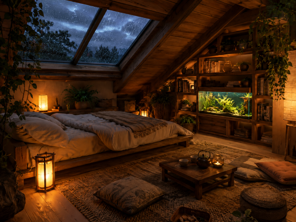 Max's attic bedroom, a low bed and shelves with a glowing aquarium beneath a rainy skylight