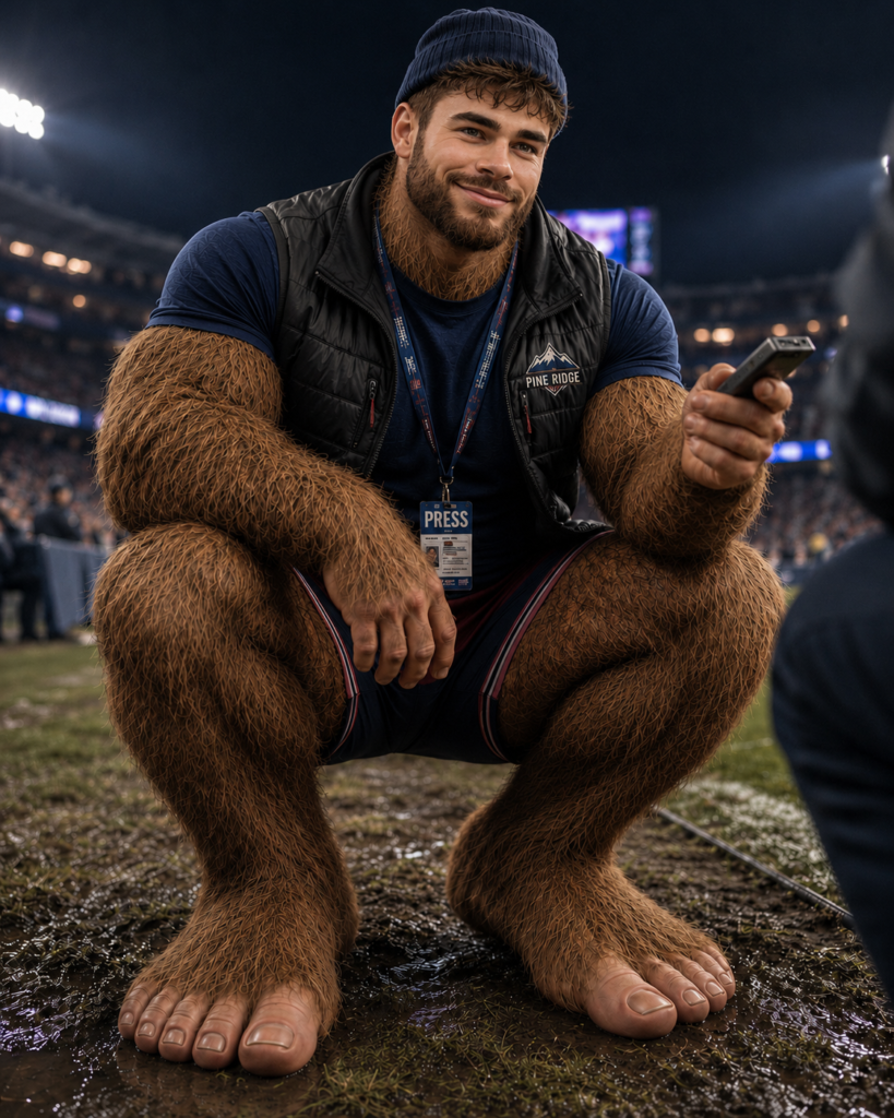 Boone covering a night game, press badge and huge furry feet, crouched on the field