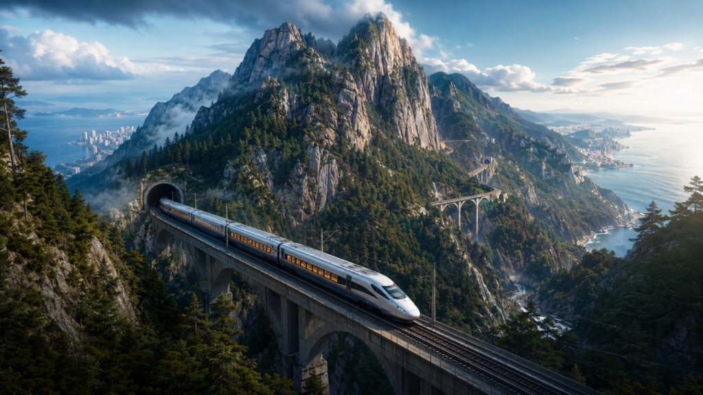 The bullet train linking Morphelio and Bastinna, crossing a viaduct through coastal mountains
