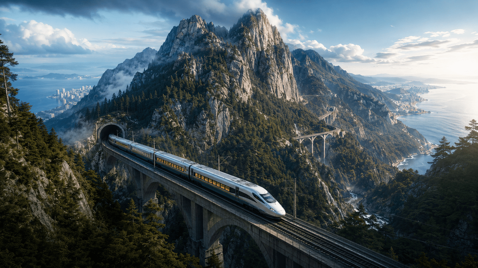 The bullet train linking Morphelio and Bastinna, crossing a viaduct through coastal mountains.