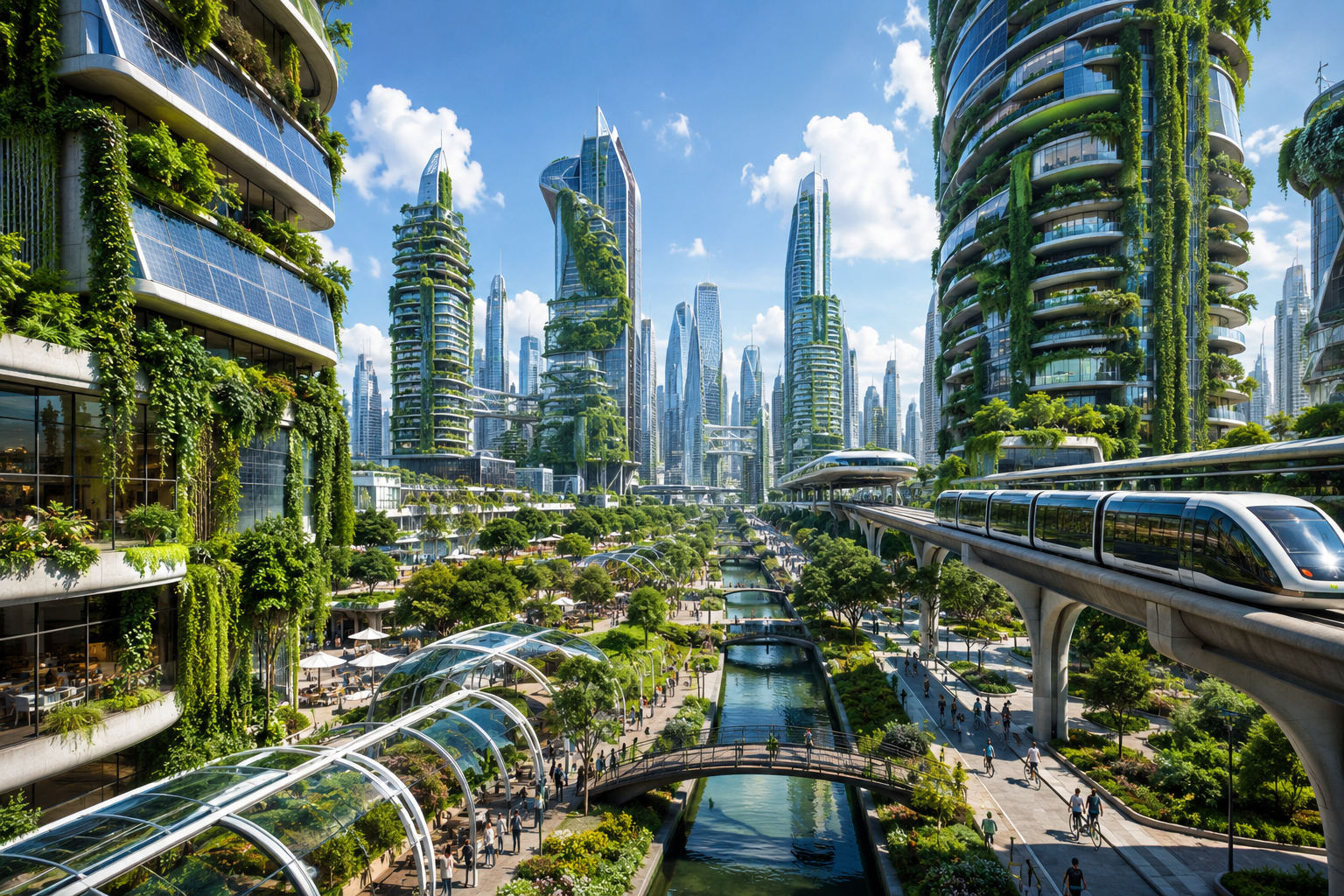Downtown Morphelio, a solarpunk skyline of green towers, tram lines and canals.
