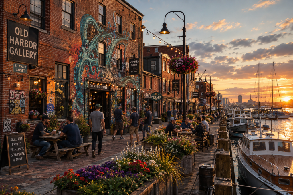 The revitalized Seaport District, brick galleries, murals, flower beds and a working wharf at sunset