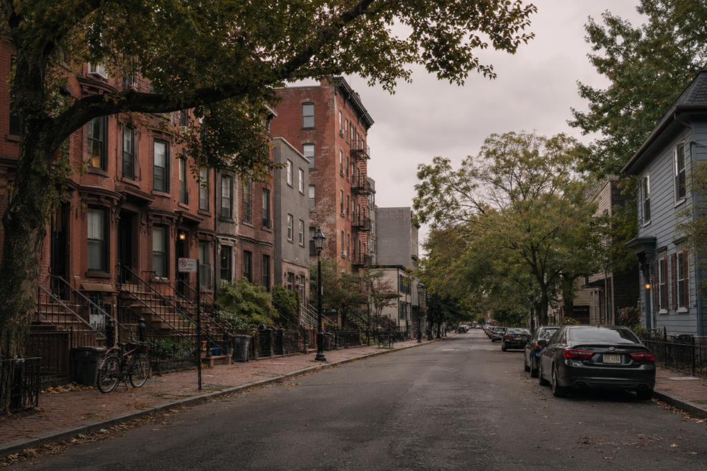 Old Morphelio, established rows of brick brownstones under mature trees