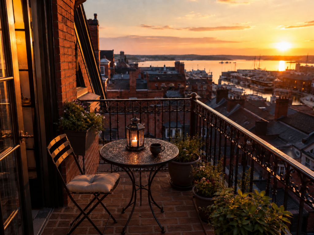 Max's brick balcony at sunset, a bistro table and lantern overlooking the seaport rooftops and harbor