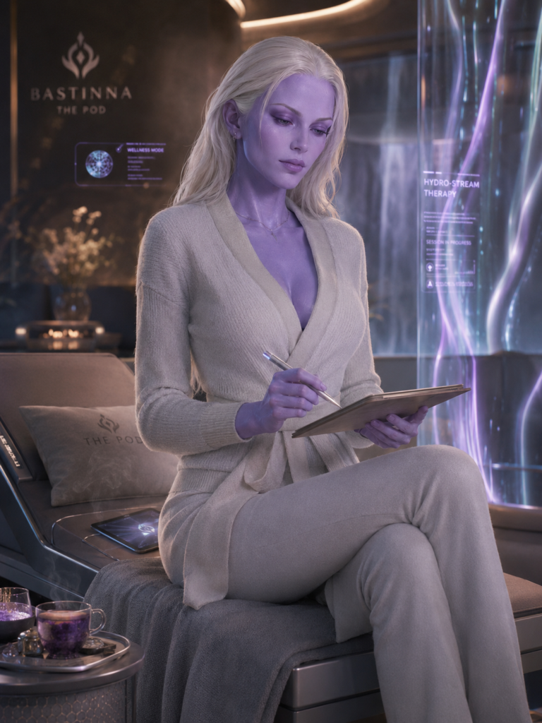 Auna-7 taking notes on a lounger in The Pod, Bastinna's spa, amid violet light streams