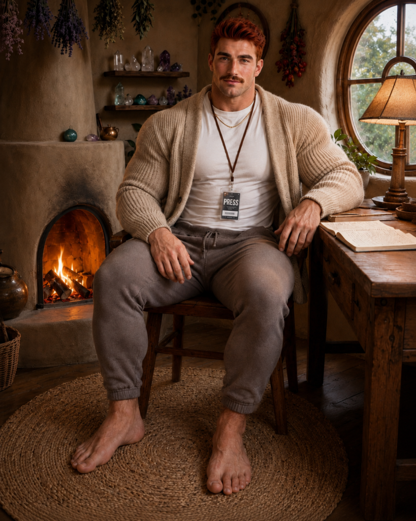 Remy RABID in his adobe burrow by the fire, cream cardigan and press badge, barefoot