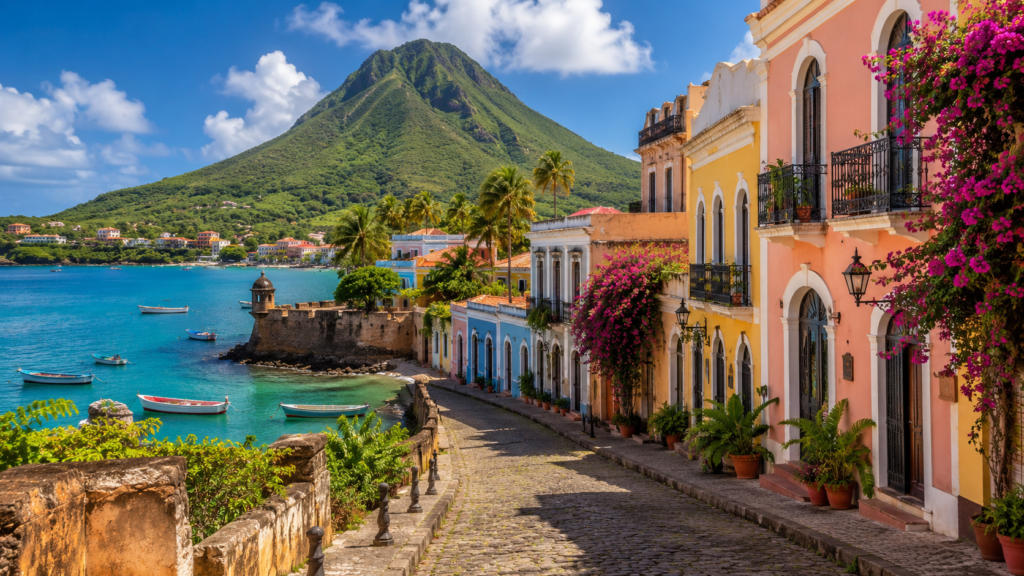 Barabeli Island, a volcanic peak above a pastel colonial village and turquoise bay