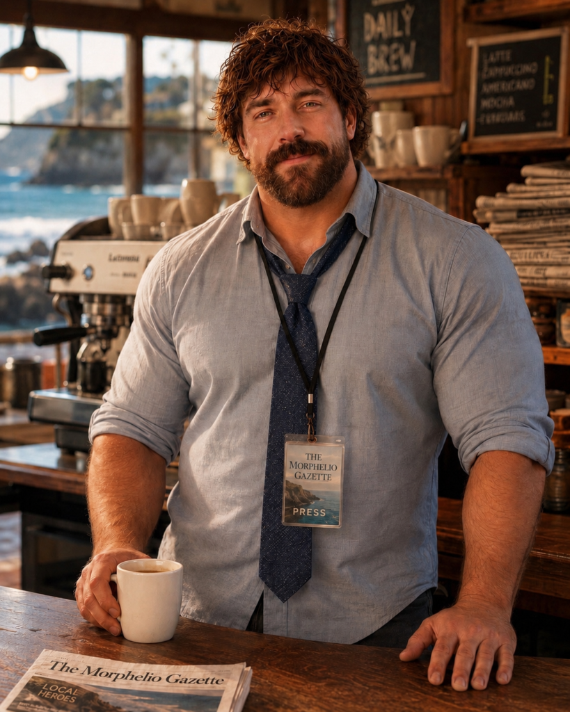 Max Reynard, Editor-in-Chief, behind the cafe counter with his Morphelio Gazette press badge