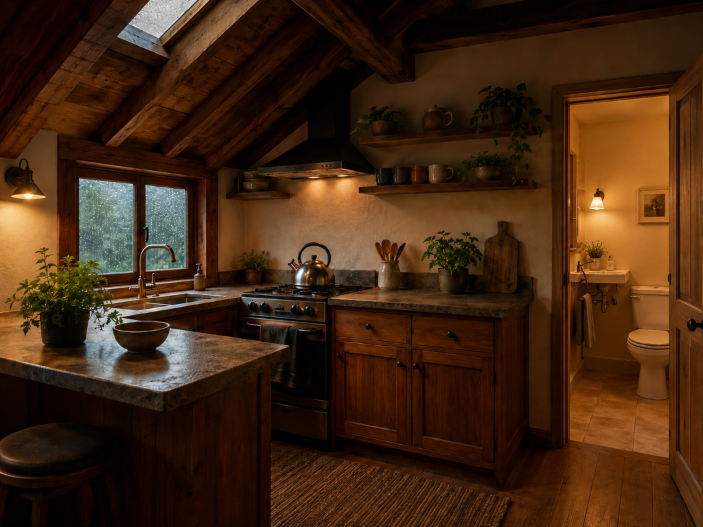 Max's attic kitchen, wood cabinets and a kettle on the stove with a small bathroom through the doorway